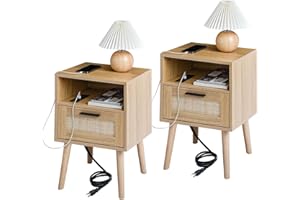 LAB COSI Labcosi Rattan Nightstand with Charging Stantion, Rattan Side Table with Storage, Mid Century Modern End Table for Bedroom and Living Room, Set of 2