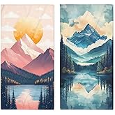 Vexlix Forest Hand Towels Set of 2 Sunset Lake Mountains Watercolor Bathroom Kitchen Towel Lightweight Breathable Face Towel for Gym Hotel Sport Decor 14"x28"