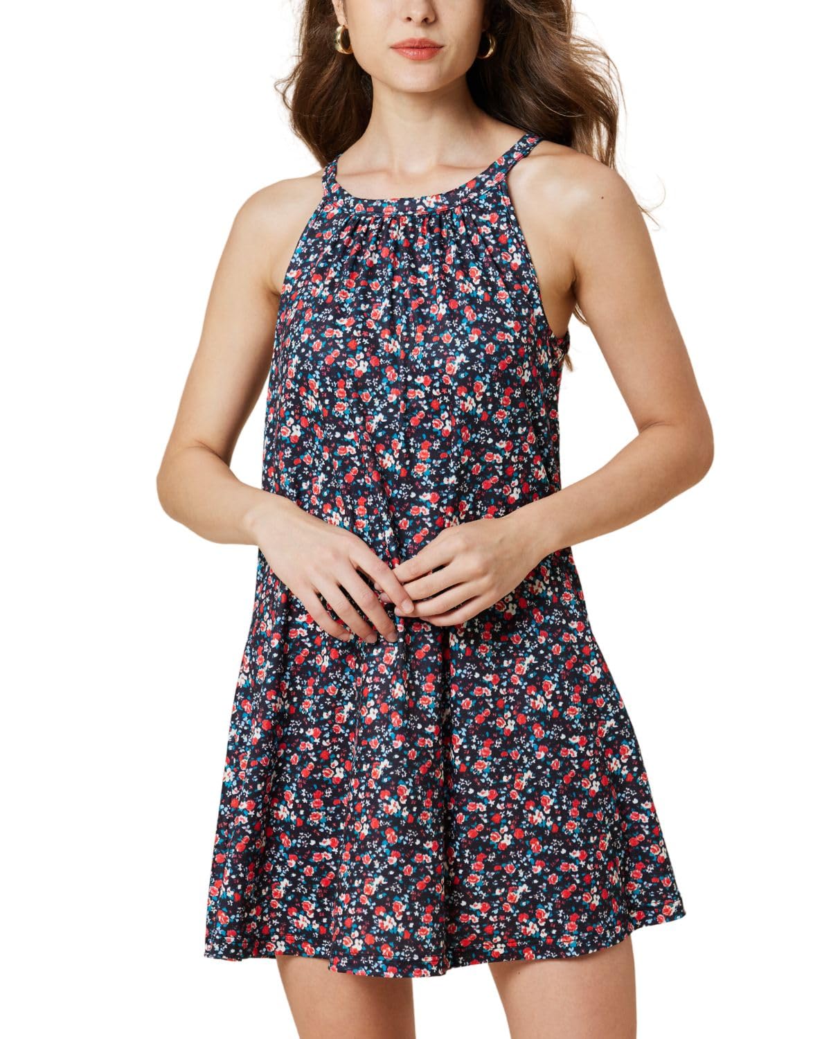 ANYFITTING Women Summer Dresses 2026 Loose Fit High Neck Babydoll Cruise Floral Cute Dress Image