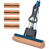 Sponge Mop for Floor Cleaning, 50" Heavy Duty Roller Mop with 4 Cellulose Refill Heads, Easy Self-Squeeze for Hardwood Tile Concrete, Wall Ceiling