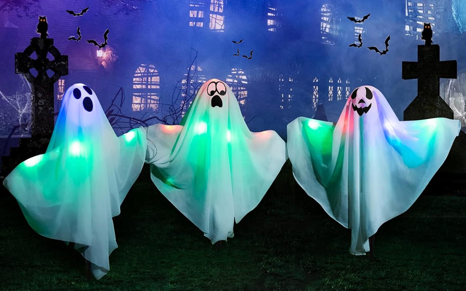 Decorative Garden Stakes - GEL BGONACOOL 3 Pack Halloween Outdoor Decorations, 2 Lighted Modes White Ghost Stakes, Multicolored Lights Cloth Ghost Yard Stakes for Halloween Decor, Lawn, Yard, Patio, Haunted House