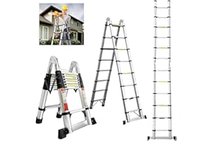 EVASTAR HOME EvaStar 16.5FT A Frame Telescoping Ladder, Lightweight Aluminum Telescopic Ladders w/Triangle Stabilizers, Stabilizer Bar & Wheels, 330lbs Capacity Extension Ladder for Home, Outdoor- Silver