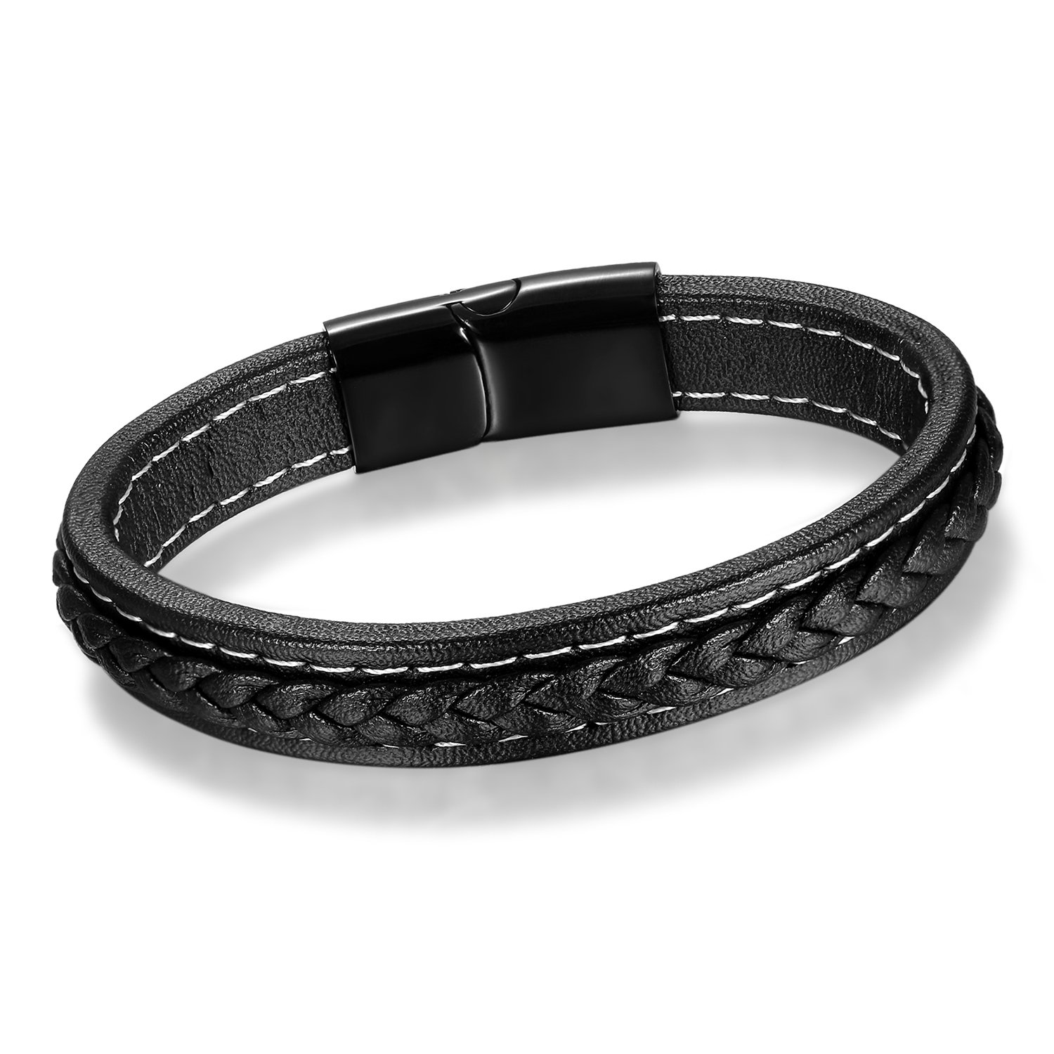 Cupimatch Men's Stainless Steel Braided Leather Wristband Bracelet Bangle