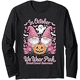 in October We Wear Pink Ghost Gnomes Breast Cancer Awareness Long Sleeve T-Shirt