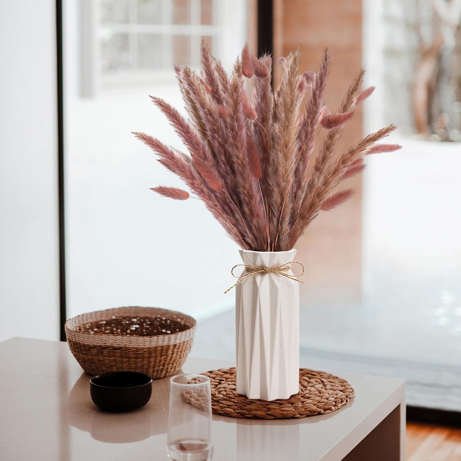 Dried & Preserved Flora - Wemk Pampas Grass with Vase Included, 85Pcs Natural Dried Pampas Grass Decor, Bunny Tails Dried Flowers, Boho Decor, for Wedding, Home, Rustic Party