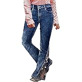 Flamingals Women's Floral Embroidery Mid Waist High Stretch Bootcut Jeans with Pockets