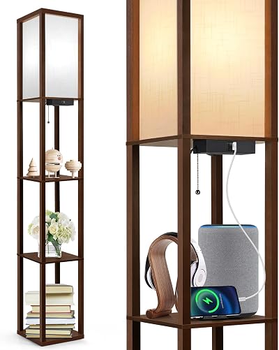 OUTON Floor Lamp with Shelves Walnut Brown LED USB Type C 3 Color Temp