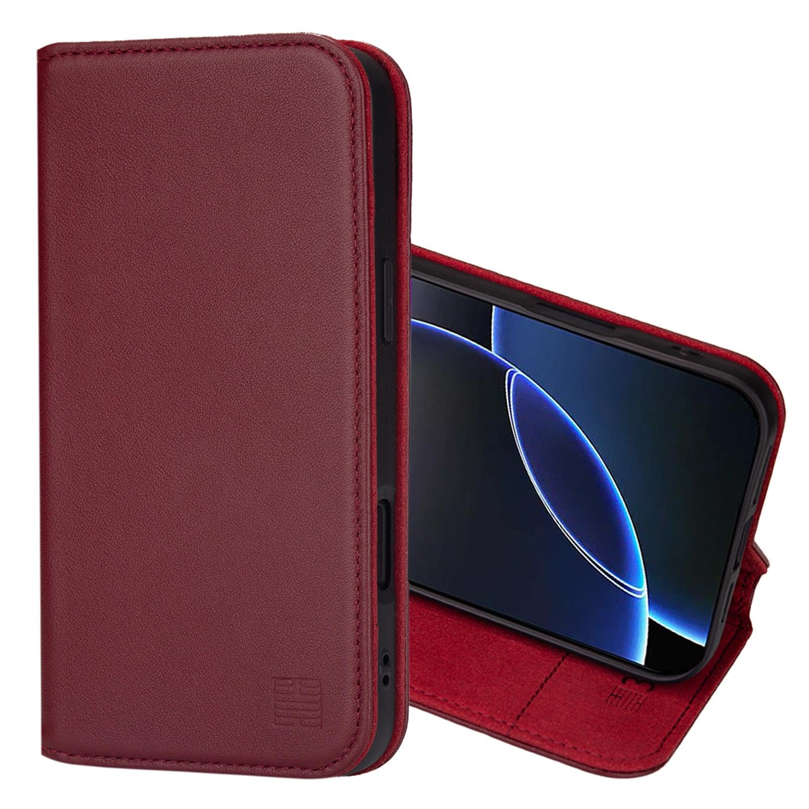 32nd Classic Series 2.0 - Real Leather Book Wallet Flip Case Cover For iPhone 16 Pro Max (6.9"), With RFID Blocking Card Slot, Magnetic Closure and Built In Stand - Burgundy