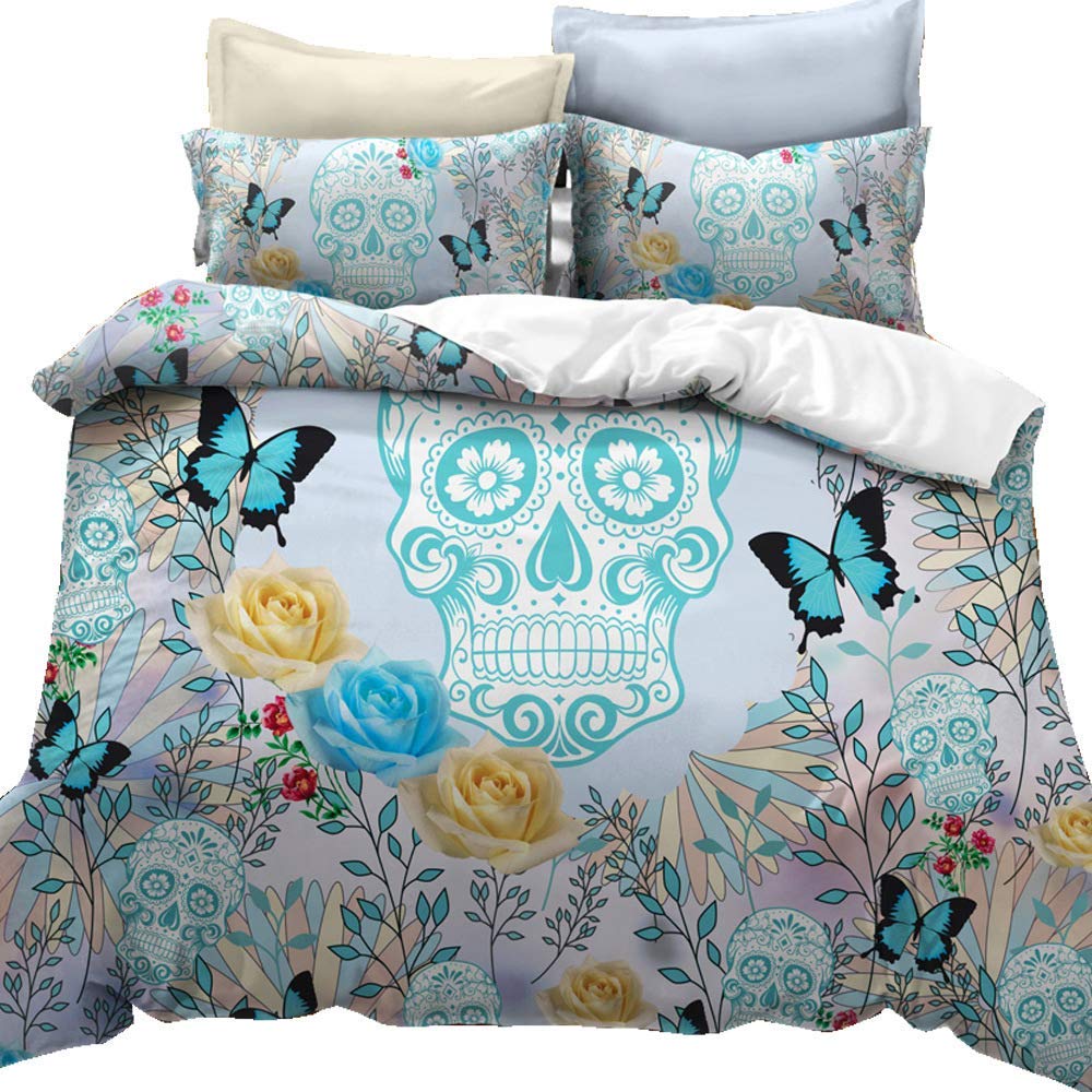 Feelyou Sugar Skull Duvet Cover Set King Size Skulls Pattern Bedding Set Bones Butterfly Roses Flowers Print Comforter Cover Set Blue Luxury Micorfiber Polyester Branches with 2 Pillow Shams