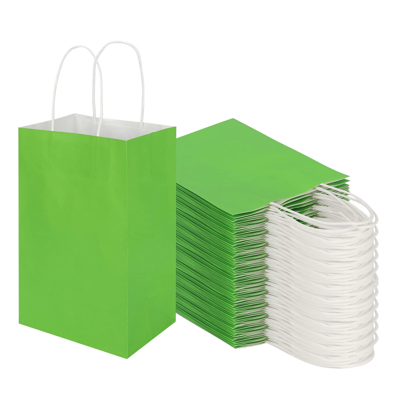 Photo 1 of 100 Pack 5.25x3.25x8.25 Inch Small Grass Green Kraft Paper Bags with Handles Bulk, Toovip Gift Wrap Bags for Favor Grocery Retail Party Birthday Shopping Business Goody Craft Merchandise Takeout Sacks