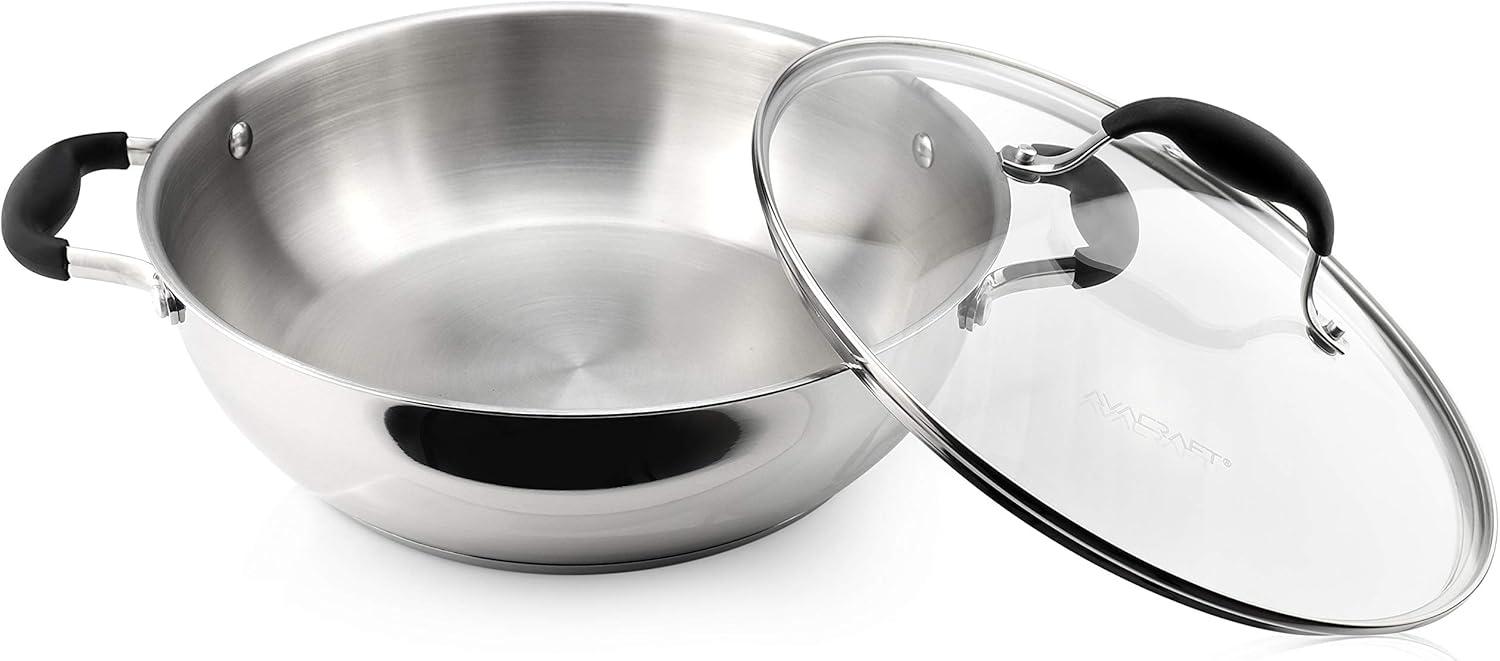 AVACRAFT 18/10 Stainless Steel Everyday Pan, Stir Fry Pan with Five-Ply Base, Chef’s Pan with Glass Lid, Multipurpose Stewpot Skillet, Saute Pan, Casserole in Pots and Pans (11 inch): Kitchen & Dining