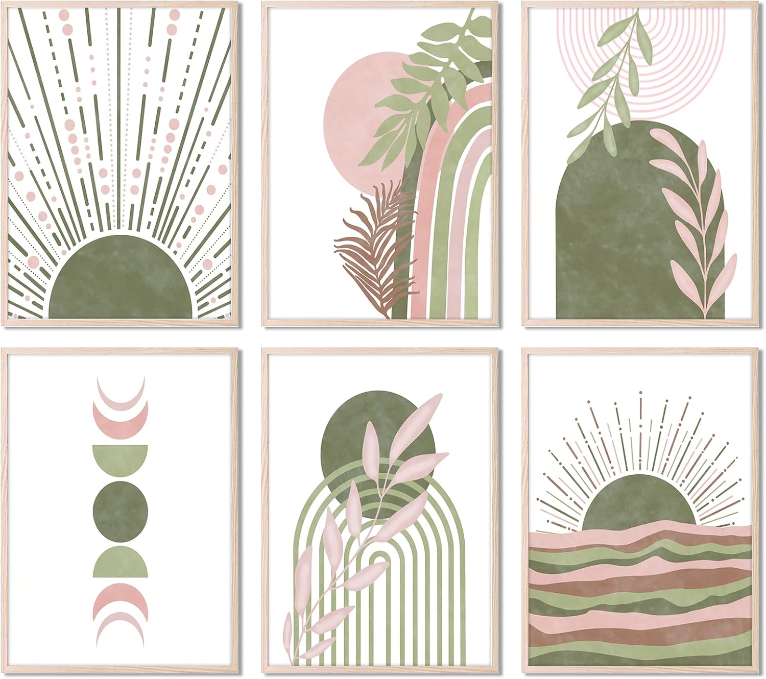 Mixed Media - RETRART Sage Green Boho Wall Art, Minimalist Wall Art Wall Decor Geometric Line Leaf Sun Moon Beige Green Canvas Artwork Paintings, Abstract Botanical Sage Green Boho Room Decor - 8