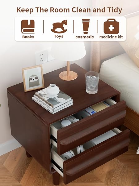SOLID OAK WOOD NIGHTSTAND, MID-CENTURY MODERN BEDSIDE TABLE WITH 2 DRAWERS, CURVED PROFILE END TABLE WITH STORAGE & SOLID WOOD FEET FOR BEDROOM, EASY ASSEMBLY, DARK WALNUT COLOR (15.7″DX17.7″WX21.6″H