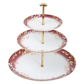 Decorium Designer New Kitchen Accesseries 3 Tier Serving Platter/Tea Party Centerpiece Dessert Stand TowerRound Assorted Dinner Set (17609)(Maroon)