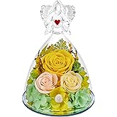 Vryblos Preserved Flowers in Glass Angel Figurine with LED Light,Forever Real Roses Prime Eternal Flower Birthday Glitter Decorations for Her Women Mom Grandma Sister (Yellow)