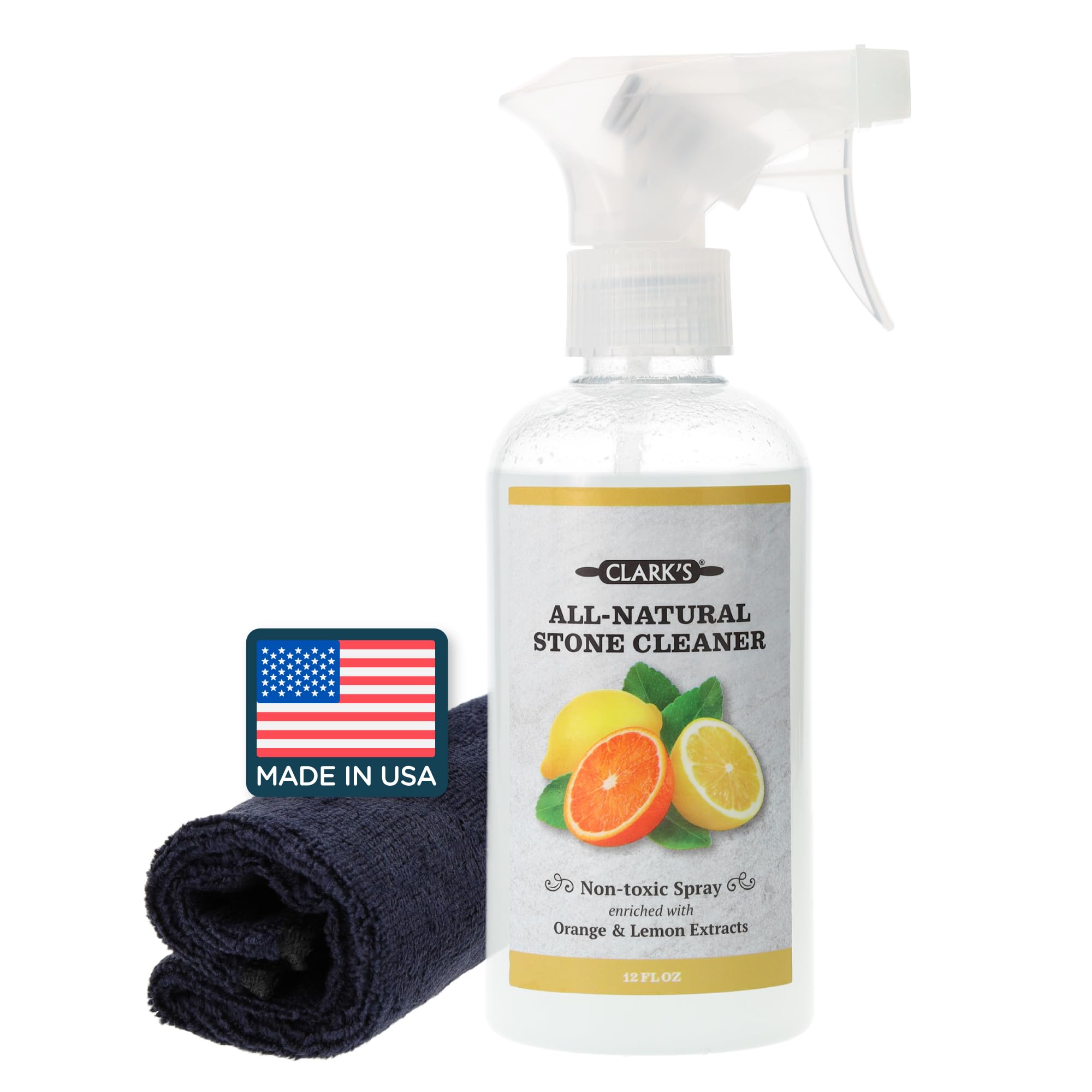 Photo 1 of CLARK'S Natural Stone Spray Cleaner, with Microfiber Cloth for Soapstone, Granite, Quartz, Marble, & other Countertop Surfaces – Pure Ingredients to Keep Stone Protected, Citrus Oil Extracts, 12oz