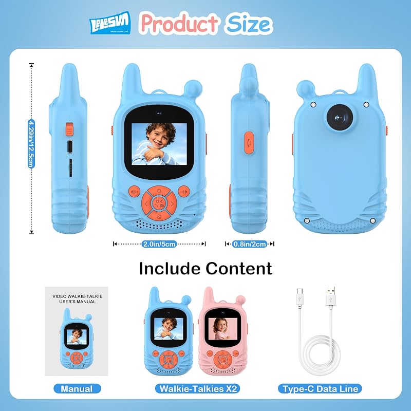 Walkie talkies de vídeo para crianças, câmara dupla HD, 2 unidades, brinquedo recarregável, alcance de 300 m, walkie-talkie para crianças dos 3 aos 12 anos