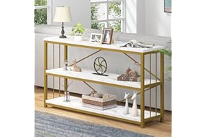 LVB White 3 Tier Console Table, Modern Faux Marble Gold Sofa Entryway Table, Wood Metal Hallway Tables with Storage Shelves, Long Wide Entry Way Table for Home Foyer Living Room, White and Gold, 55 In
