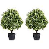24" Faux Boxwood Plants Outdoor, Artificial Topiary Ball Trees Set of 2, UV Resistant Fake Potted Evergreen Realistic Greenery Bushes Shrubs for Outside Front Porch Planter Patio Indoor Decor 2ft Tall