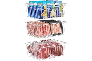 iSPECLE Freezer Organizer Bins - 3 Large Freezer Baskets for 8.5 / 11 / 11.4 cu.ft Stand up Freezer Easy Sort & Get Food, Avoid Food Slide off, Upright Freezer Organizers Allow Air Circulation, White