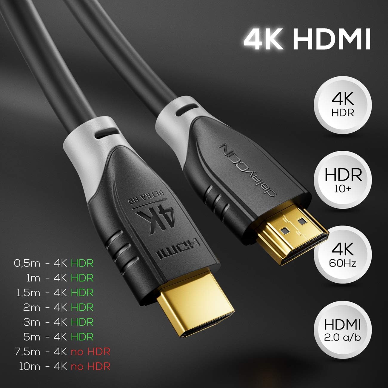 deleyCON 1m (3.28 ft.) HDMI Cable 2.0a/b, HDR 10+ UHD 2160p 4K@60Hz YUV 4:4:4 HDR HDCP 2.2 3D ARC Dolby Digital + Dolby Atmos - Image 4