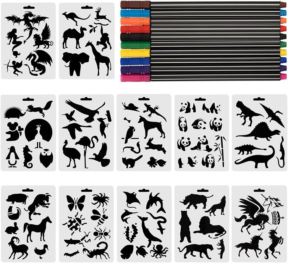 SINBLUE 12Pcs Plastic Animals Painting Template Dinosaur Drawing Stencil Scale Template Sets for Bullet Journal Stencil Planner/Scrapbook/DIY Albums Painting Craft Projects