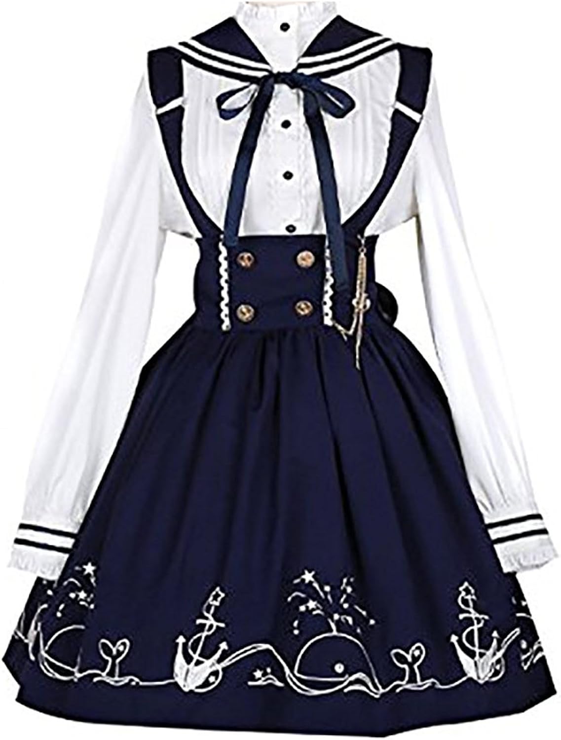 Amazon Lzl レディーズ ロリータ Lolita セーラーワンピース 長袖 森ガール サスペンダー付きスカート ブラウス 蝶結び2種類 2点セット ワンピース チュニック 通販