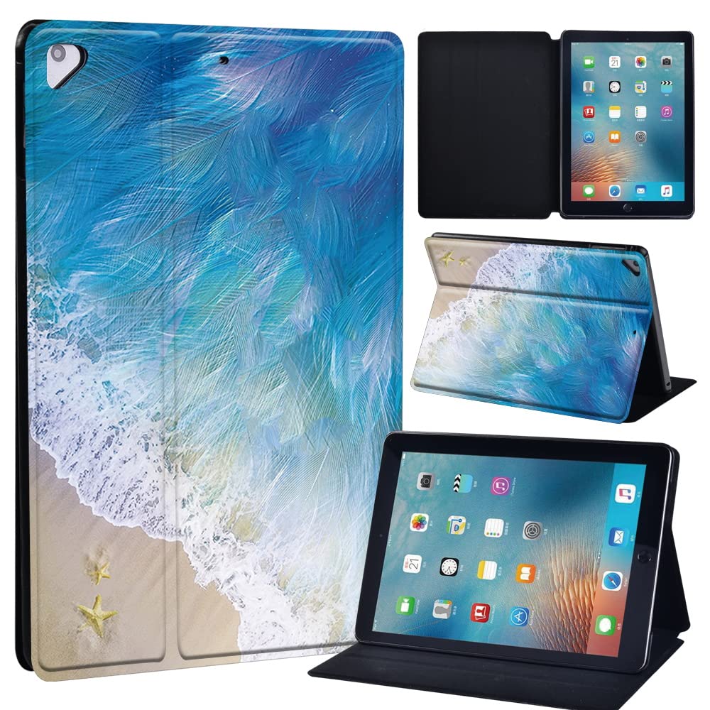 Leather slim lightweight Stand Cover Folio Case for Apple New iPad 9.7 2018 2017(6th Gen, 5th Gen)/iPad Air 2/iPad Air/iPad Pro 9.7 Tablet with Auto Wake/Sleep (feather beach)