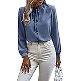 SweatyRocks Women's Tie Neck Long Sleeve Button Front Blouse V Neck Solid Work Shirt Top