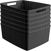 Curver Set of 6 Medium 12L Jute Decorative Plastic Organization and Storage Baskets - Perfect Bins for Home Office, Closet Shelves, Kitchen Pantry and All Bedroom Essentials, Black