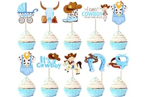 Keaziu 36PCS A little Cowboy is On The Way Cupcake Toppers Cowboy Riding HorseShoe Cowgirl Hats Western Theme Happy Birthday Baby Shower Party Cake Decorations Supplies Blue 3