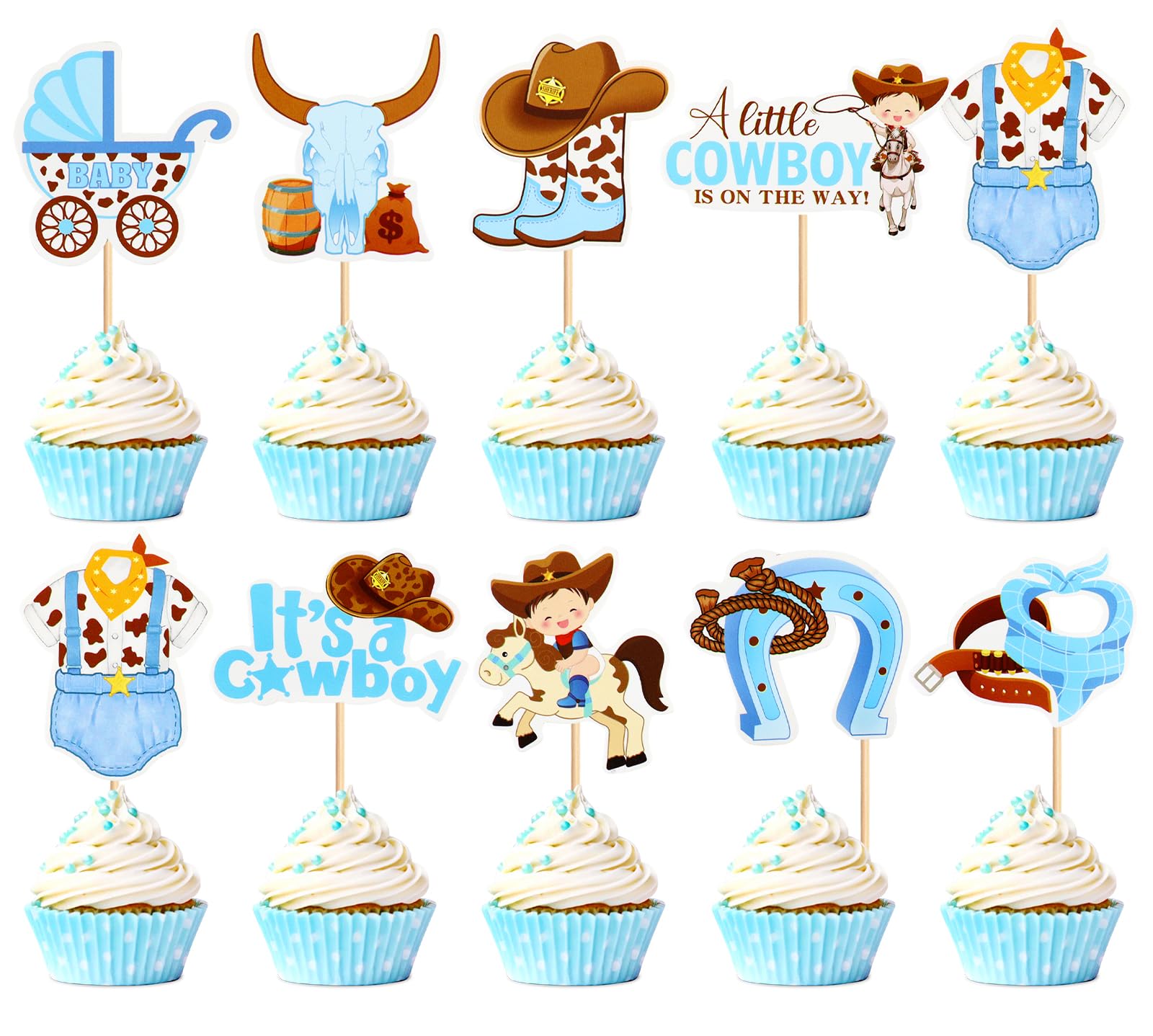 Photo 1 of Keaziu 36PCS A little Cowboy is On The Way Cupcake Toppers Cowboy Riding HorseShoe Cowgirl Hats Western Theme Happy Birthday Baby Shower Party Cake Decorations Supplies Blue 3