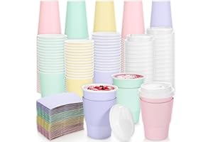 FULJOOY 60 Pcs Disposable Pastel Rainbow Paper Cups 12 Oz with Lids Bulk Multicolor Party Set Including Straw Sleeve for Hot 
