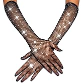 CASDRE Rhinestone Long Fishnet Gloves Mesh Rave Gloves Bling Elbow Length Evening Party Glove for Women and Girls