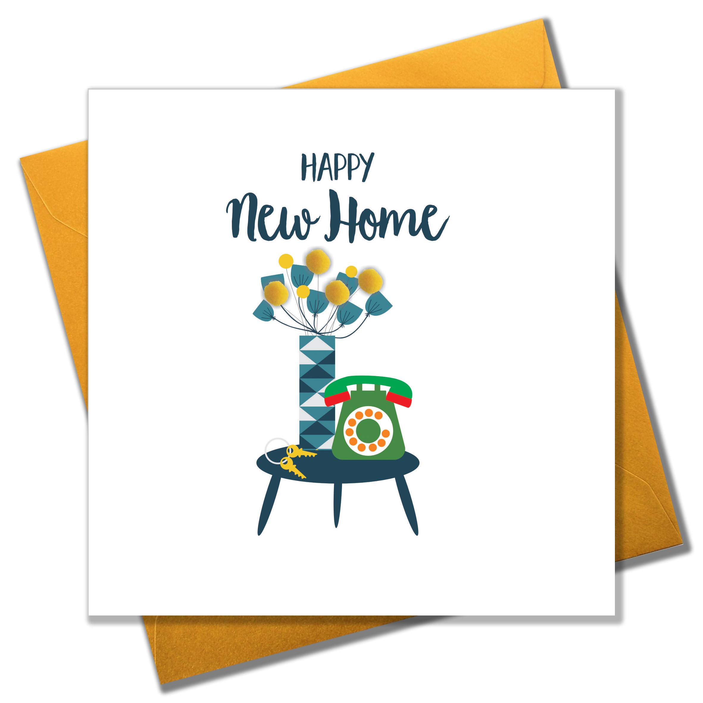 Claire Giles Greeting Cards, Happy New Home Card, Flowers & Phone design Congratulation on your new home Greeting Card, Embellished with Colourful Pompoms