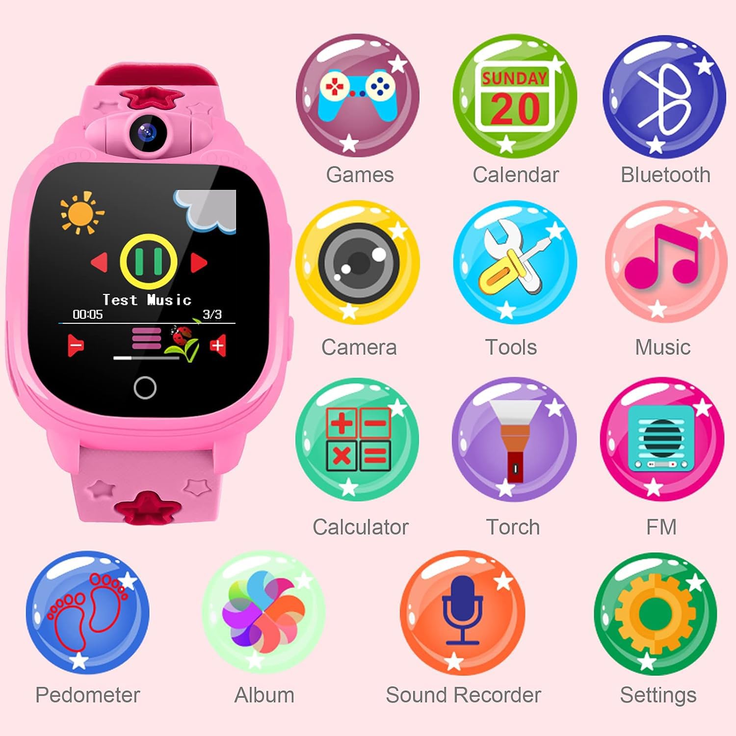 PROGRACE Kids Smart Watches with 90°Rotatable Camera Smartwatch Touch Screen Watch Music Pedometer Flashlight Games Alarm Clock Digital Wrist Gift for Boys Age 3-12 Years Old Boy Toys Blue, Pink