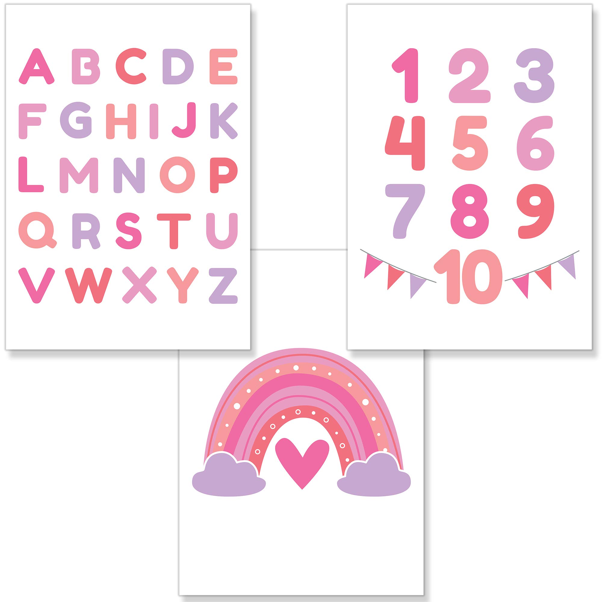 PREMYO Wall Art Prints Nursery Decor - Baby Room Decoration Girl - Kids Poster Set Alphabet ABC Rainbow Pink Picture A4