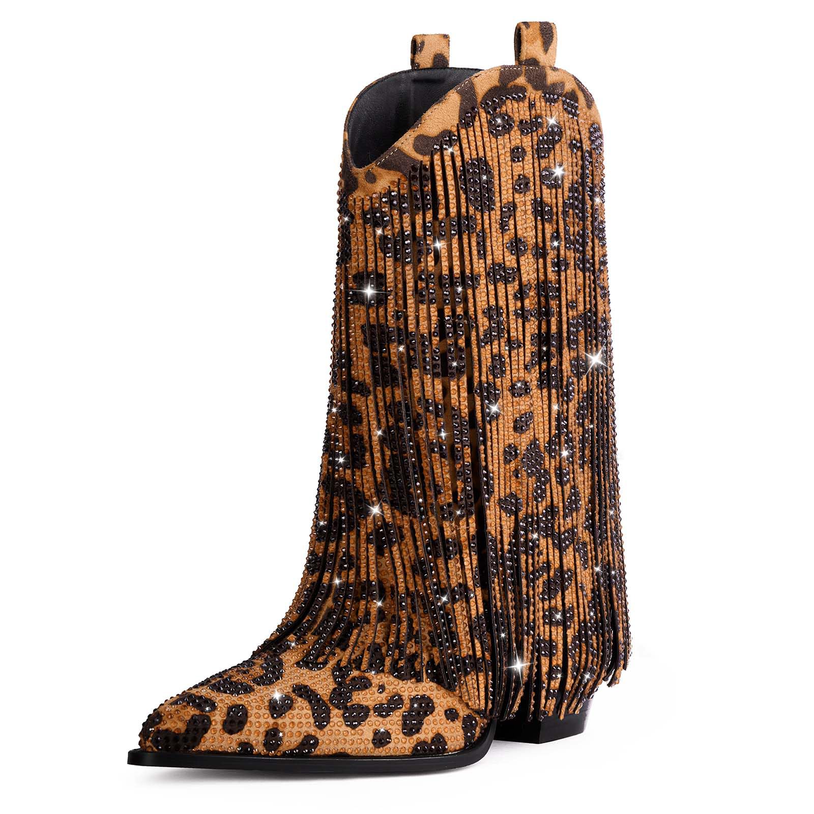 Ouepiano Cowboy Boots for Women - Cowgirl Rhinestone Boots with Sparkly Fringe Pointed Toe Western Boot Chunky Heel Pull-On Wide Calf Leopard Botas Vaqueras Size 8 Image