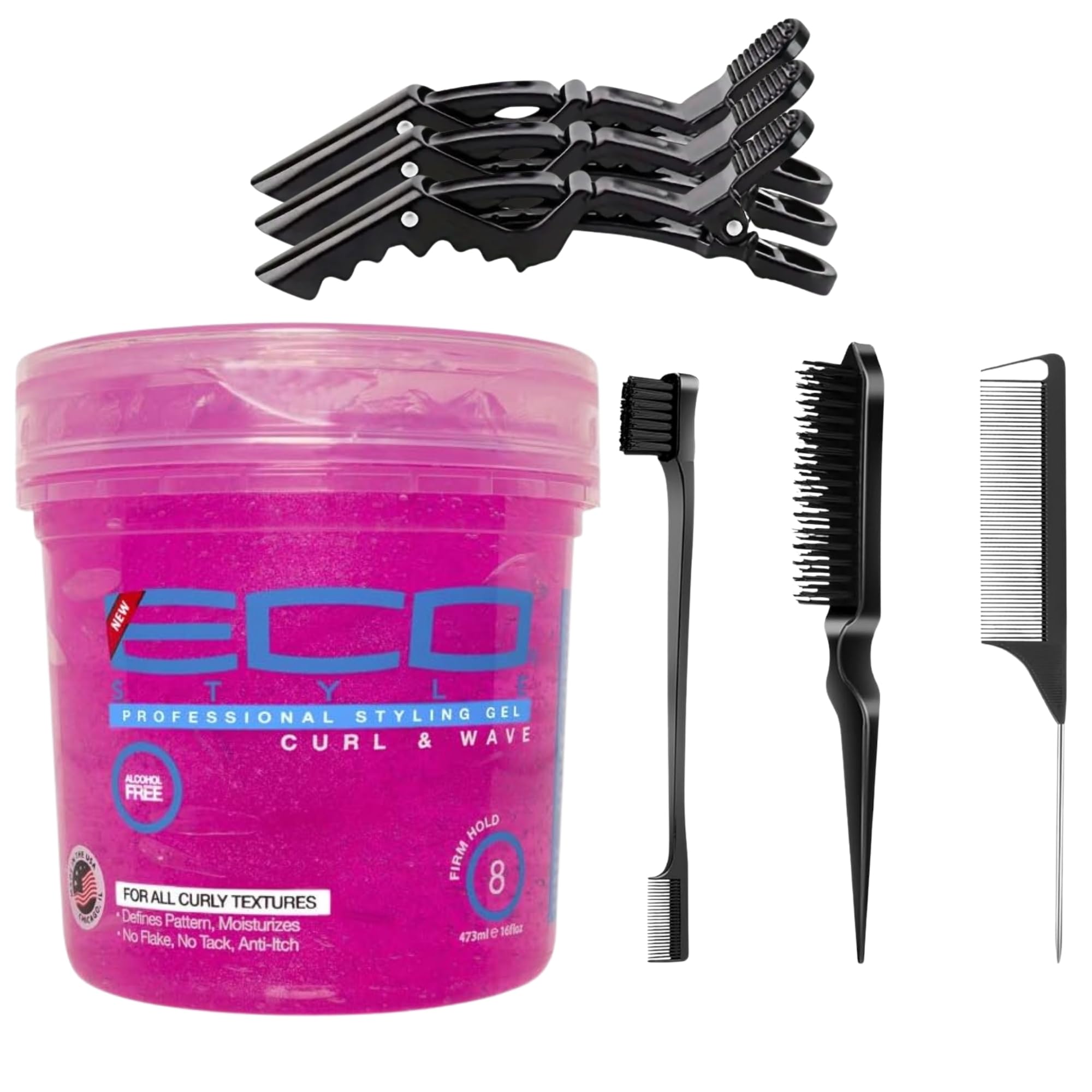 Hair Styling Gel Bundle: EcoStyle Curl & Wave Styling Gel 473ml, 3 Crocodile Hair Clips, 3-Piece Professional Hair Brush Set