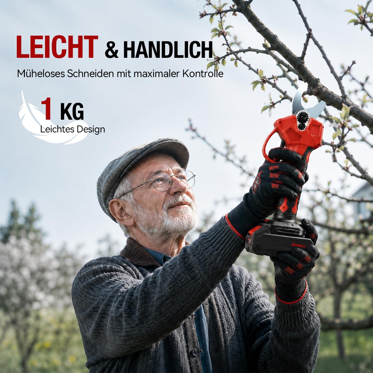 SOARFLY Akku Astschere, Akku Gartenschere mit 2x2000mAh Batterien, 35mm Maximaler Schnittdurchmesser, Brushless Motor mit LCD Display und Energiesparfunktion für Garten und Obstbäume (Rot) 9