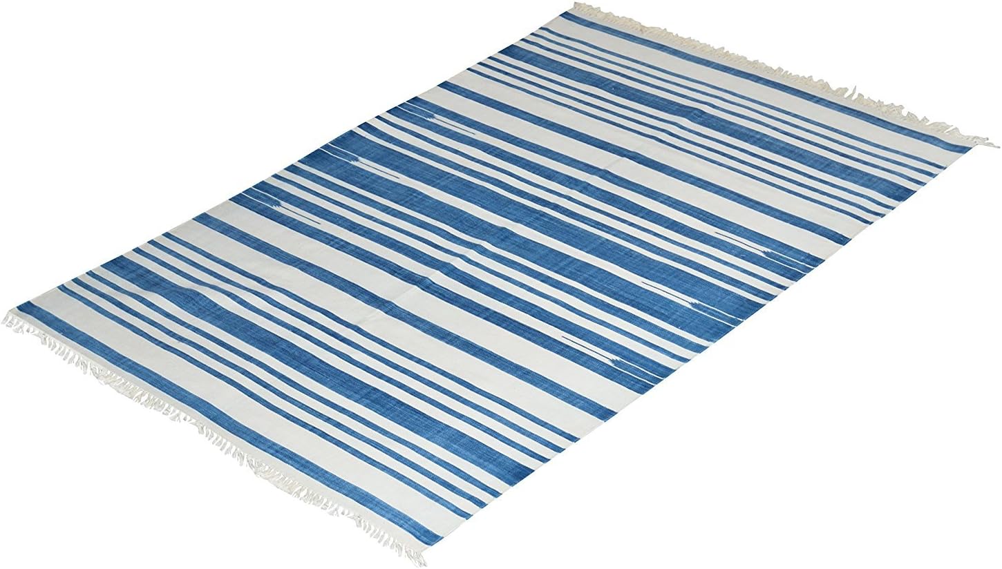 Handwoven Indigo Striped Cotton Indian Dhurries Area Rugs (8x10)