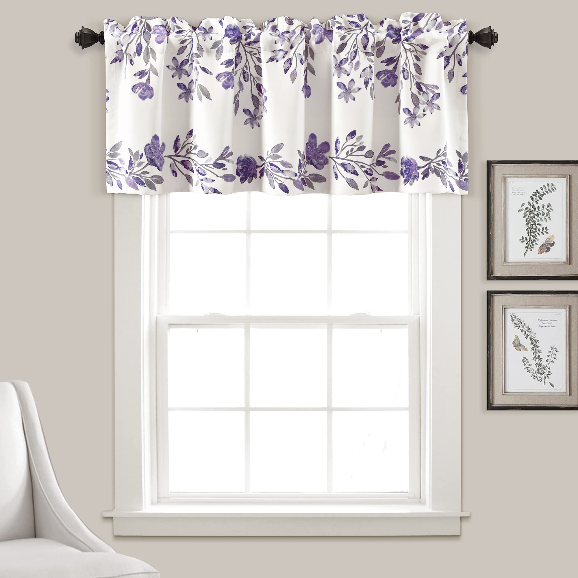 Lush Decor Tanisha Curtain Valance - Light Filtering, Floral Vine Print, Beautiful, Modern, Elegant Home Decor - 52" W x 18" L, Purple & Gray