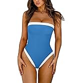 LASLULU Womens Sexy One Piece Swimsuit Strapless Padded Square Neck Bandeau Bathing Suits with Adjustable Spaghetti Straps