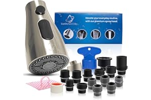 ECOKITCHEN5STARSLLC Kitchen Faucet Head Replacement – Pull-Down Sprayer for Moen, Delta| 3-Mode Sink Faucet Spray Head with 15 Adapters, Brushed Nickel, Kitchen Sink Sprayer Replacement.