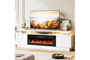OneBlis 70" TV Stand & Entertainment Center, Media Console with Storage Shelves, Fits TVs up to 80", Modern Living Room Furniture, 36" Electric Fireplace (White+Black)