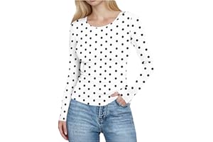 Women 2026 Spring Summer Long Sleeve Shirts Ribbed Knit Fitted Basic Tee Casual Polka Dot Crew Neck Going Out Top Blouse