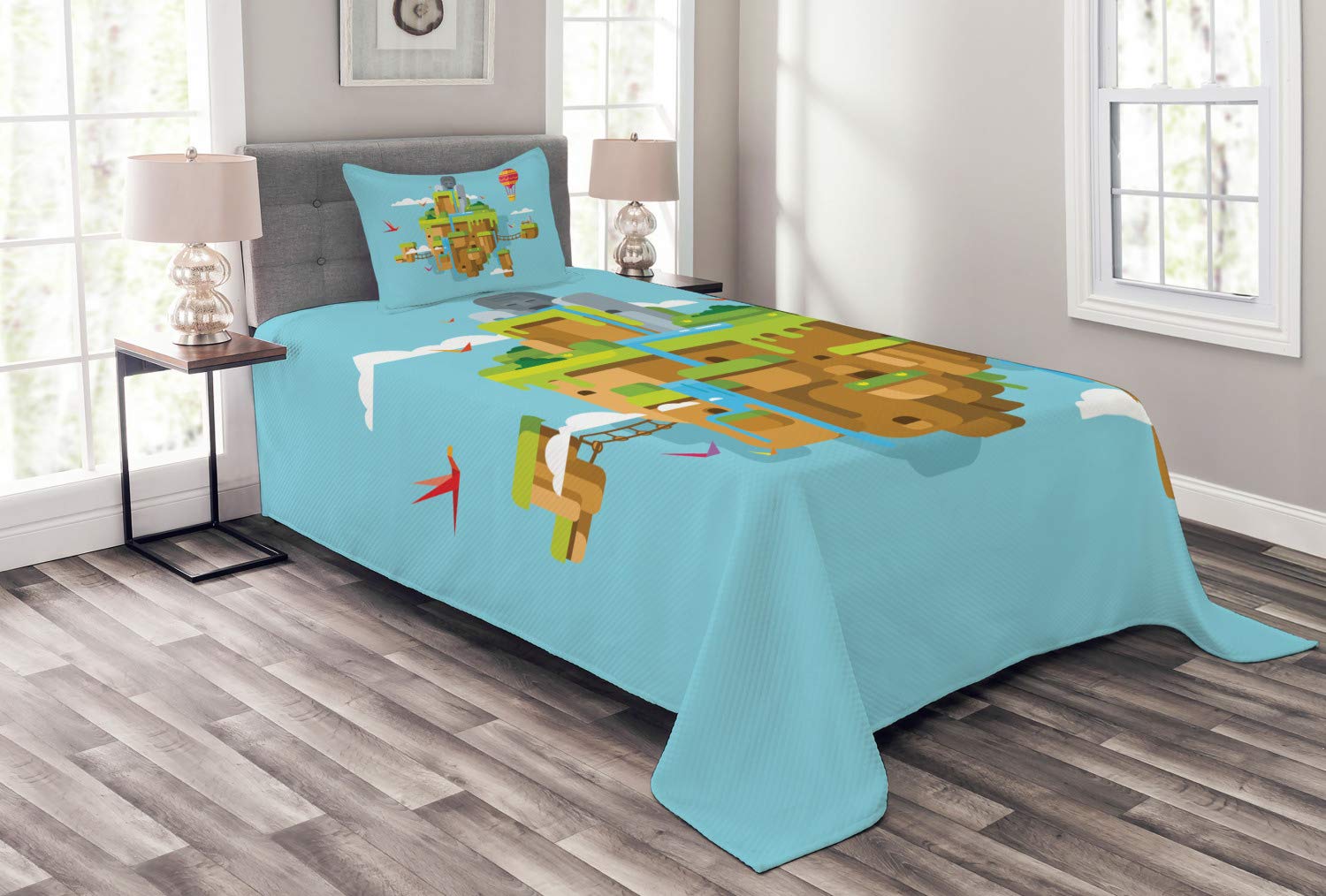 Lunarable Childish Bedspread, Imaginary Soaring Island on Sky Video Game Style Gaming Fun Fantasy Il
