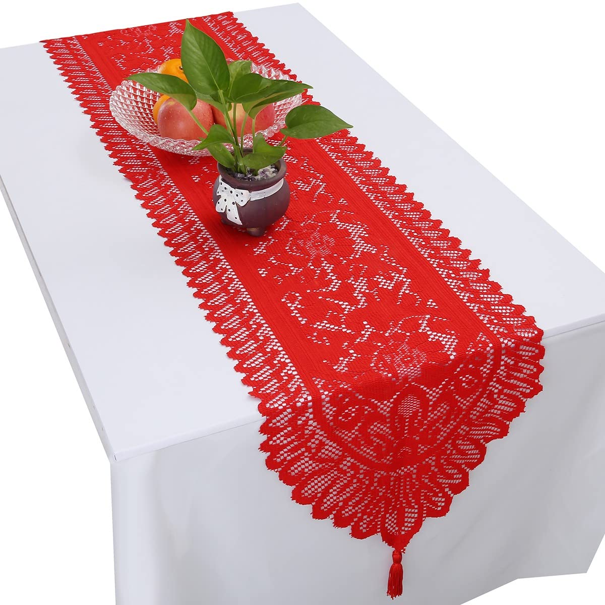 KYEYGWO Hollow Lace Table Runners Elegant Mesh Tablecloth Vintage Macrame Table Cover with Tassels for Rustic Boho Wedding Reception Decoration Bridal Showers, 58'' x 13'' Red
