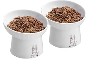OMAYKEY 6.5 Inch Extra Wide Ceramic Raised Cat Bowls, Porcelain Tilted Elevated Cat Food Water Bowl Dish, Stress Free Pet Feeder Bowls Dishes for Elder Big Cats & Small Dogs, White - 2 Pack