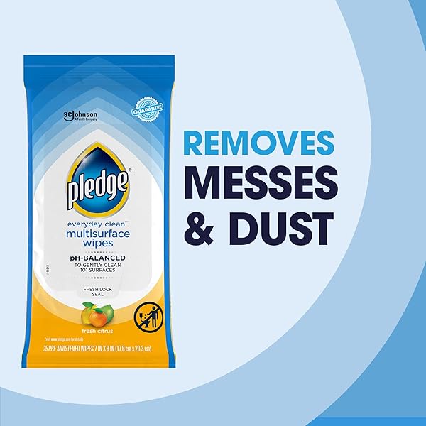 PLEDGE MULTISURFACE CLEANING WIPES, PH BALANCED, FRESH CITRUS, 25 COUNT (PACK OF 4, 100 TOTAL WIPES)